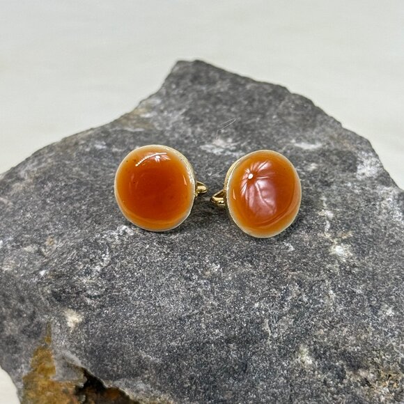 Vintage Round Orange Gold Tone Clip-On Earrings - Picture 1 of 5